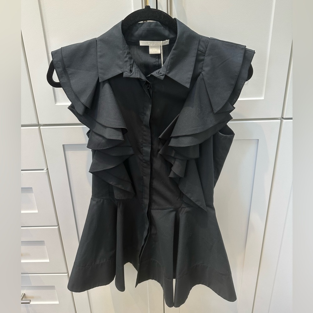 NWT- Antonio Berardi Ruffled Stretch Cotton Blouse Black 40 Sleeveless